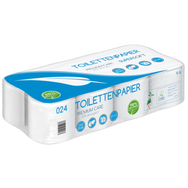 Toilettenpapier 3 lagig 100% Zellstoff SUPER SOFT 250 Blatt 8er - PALETTE